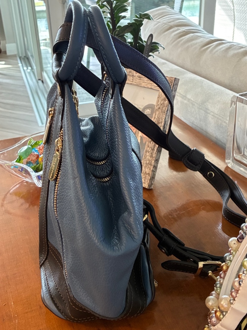 Valentina Blue and Dark Brown Leather Backpack - Picture 4 of 16